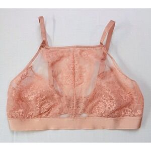 Soma Breathtaking High Neck Bralette Size Large Pink Lace Sheer Mesh Lingerie